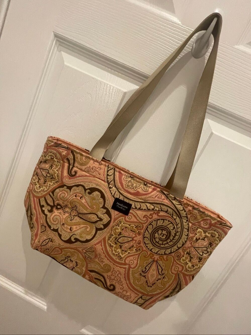 Madison Handbags Paisley Tote Shoulder Bag Pink Brown Tan Zip Top